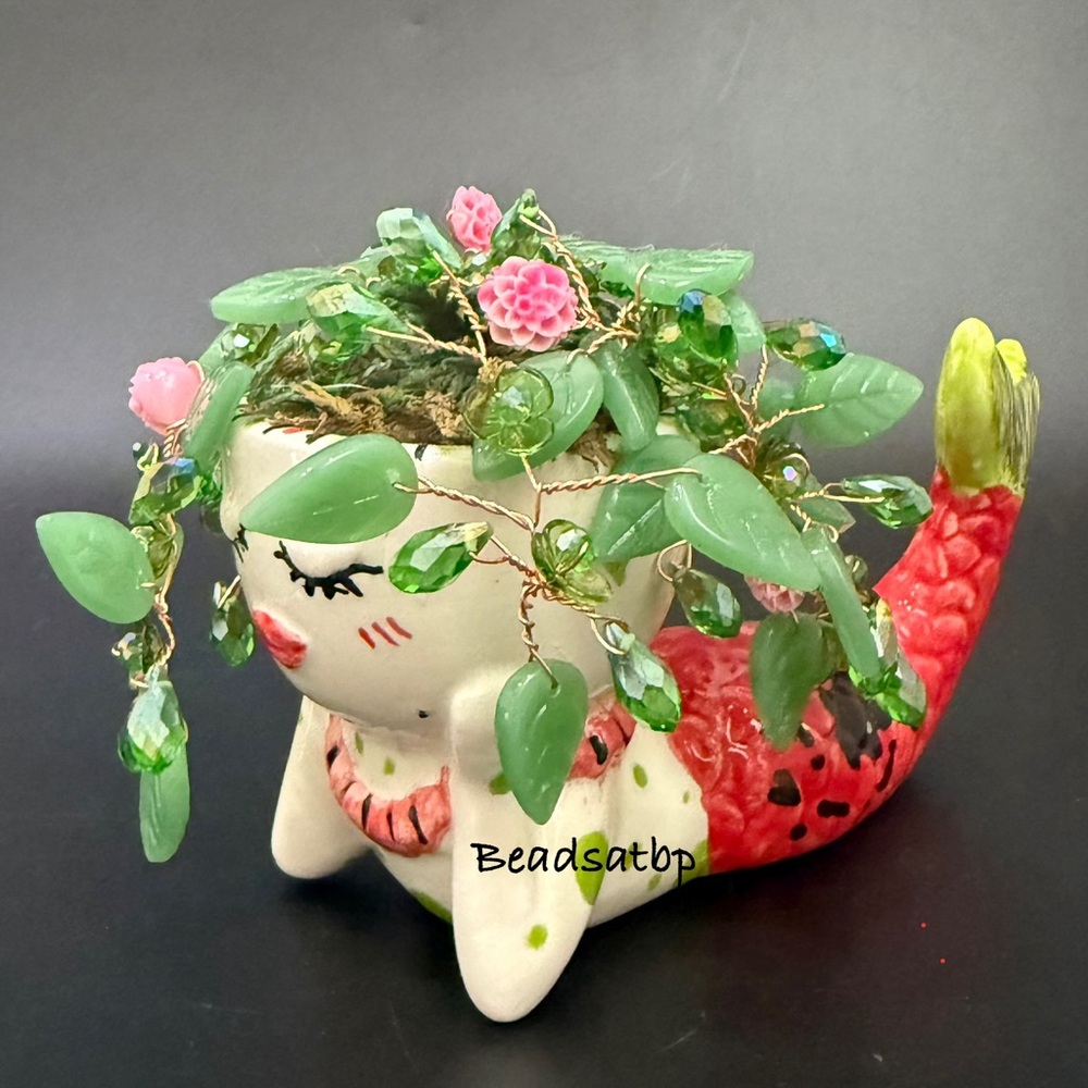 Handmade Beaded Forever Plant Crystal Teardrop Beads Ceramic Mermaid Planter